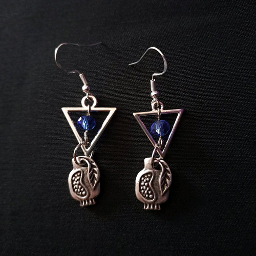 Handmade earrings with blue crystal and pomegranate, new