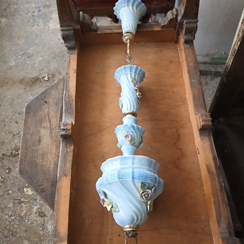 Vintage ceramic ceiling light used with blue color and embossed flowers