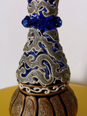 Glass vase small like new, handmade, blue with embossed paint