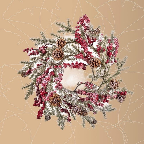 Snowy wreath berries & pinecones 50x50 cm new