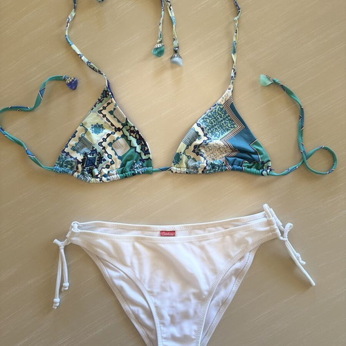 H&M Bikini mix & match boho top with stones and white slip, like new, L