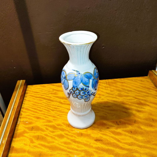 Decorative porcelain vase used 22cm with blue flowers and gold lines