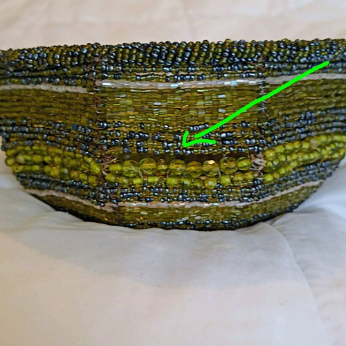 Decorative basket with beads in olive shades, metal frame, like new