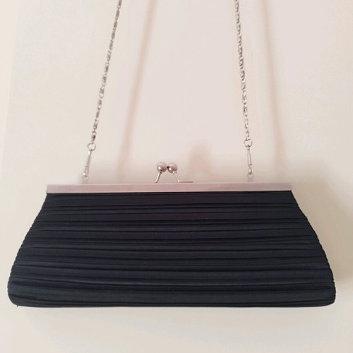 Mandarini clutch used, black with satin pleats and silver chain