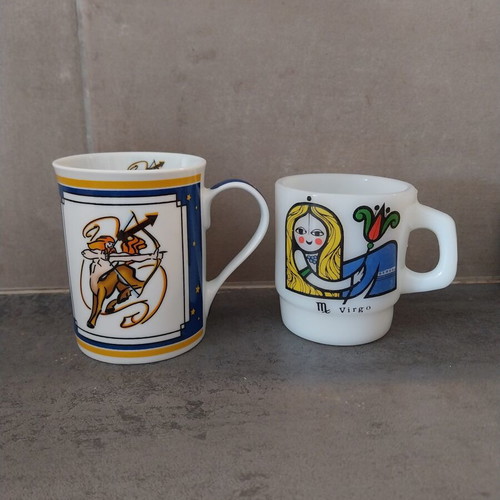 Sagittarius and Virgo mugs set used, porcelain and Anchor Hocking 1970s