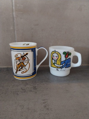 Sagittarius and Virgo mugs set used, porcelain and Anchor Hocking 1970s