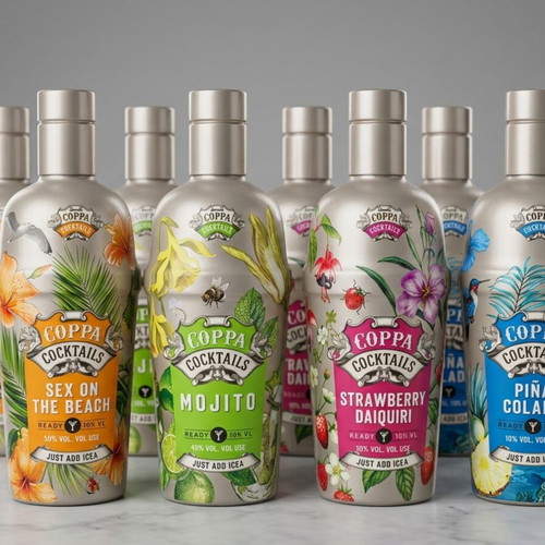 Coppa Cocktails Empty Bottle Set of 7 with Tropical Designs