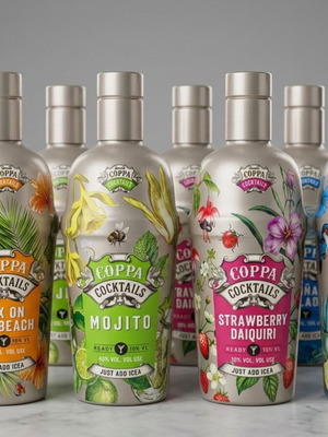 Coppa Cocktails Empty Bottle Set of 7 with Tropical Designs