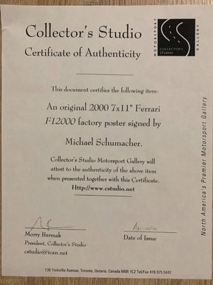 Αυτόγραφο Michael Schumacher καινούργιο με πιστοποιητικό γνησιότητας