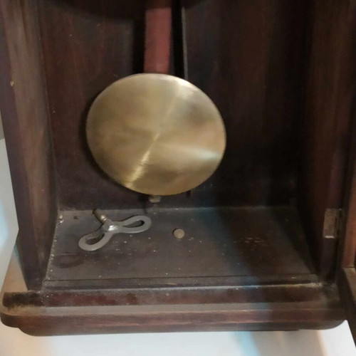 Wall clock pendulum used, wooden, old, with door and winding key