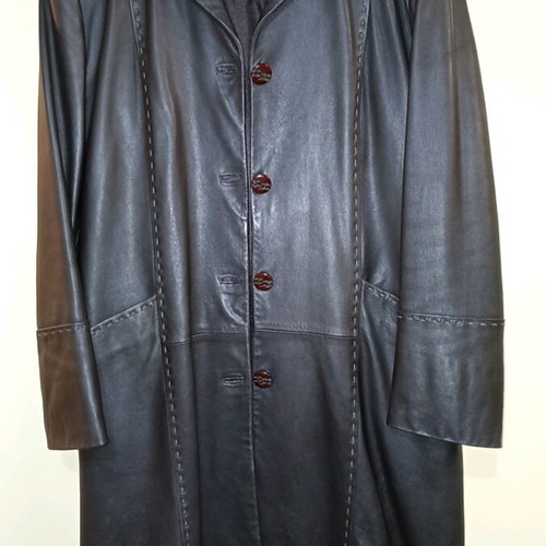 Papagiannakis leather coat long, like new, dark brown, size Large