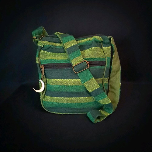 Cotton sling bag green with copper moon charm new