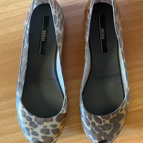 Melissa Ultragirl ballet flats used, beige leopard transparent pvc