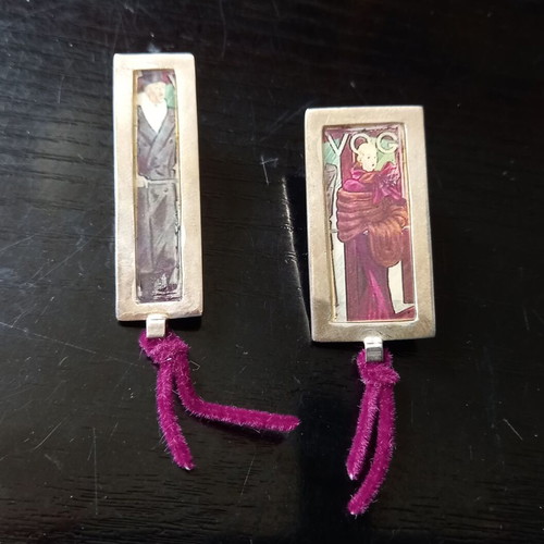 Asymmetric handmade earrings silver 925 with enameled pieces and burgundy cords new