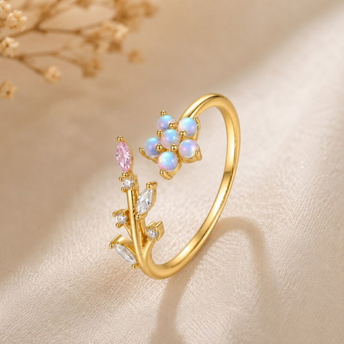 S925 Silver Adjustable Floral Ring with Multicolor Zirconia, New