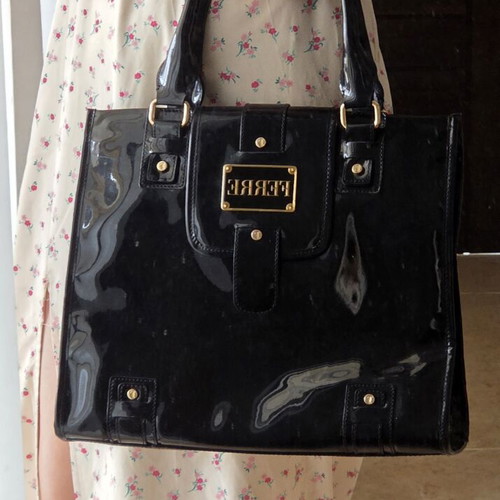 Gianfranco Ferre Black Patent Leather Shoulder Tote Bag used