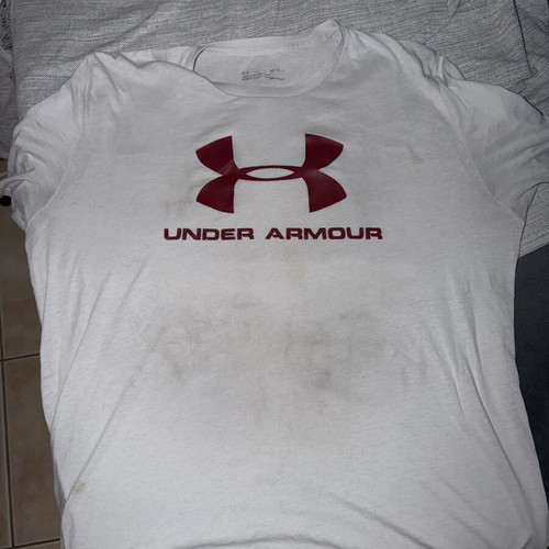Under Armour short sleeve gym shirt used, white and gray, size L