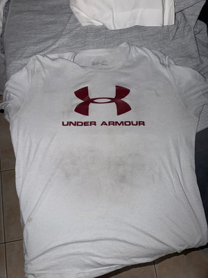 Under Armour short sleeve gym shirt used, white and gray, size L