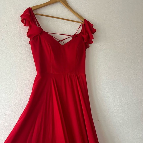 Red maxi dress with ruffles, slit and open back like new