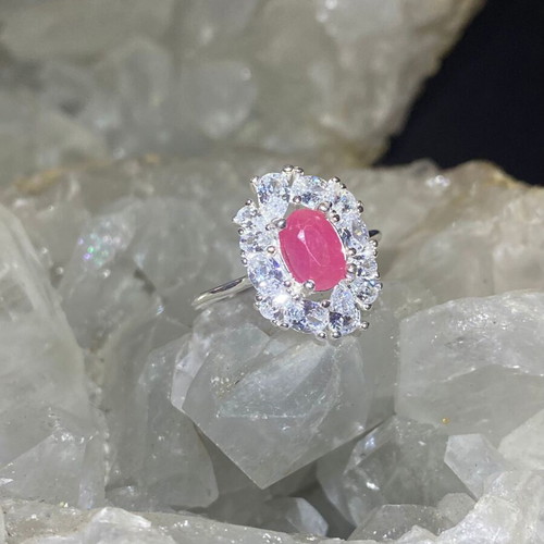 Silver ring with natural ruby and moissanite, new