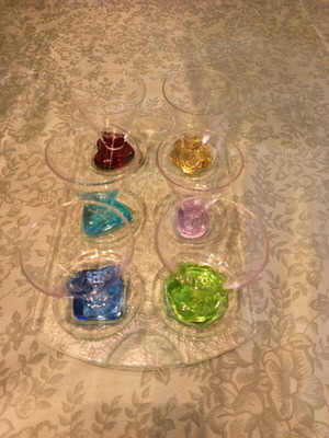 Vintage glass serving set with 6 colored glasses and tray like new
