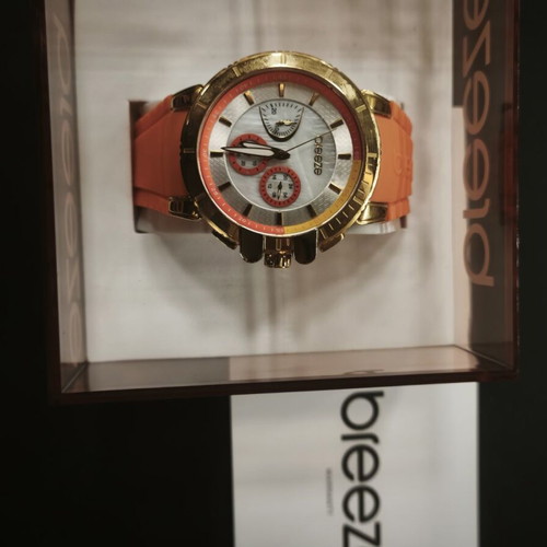 Breeze Chronograph Watch 110061.1, gold tone and orange silicone, NOS full set