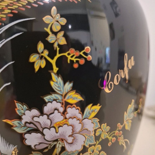 Corfu porcelain vase black with flowers and birds pattern like new