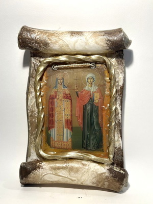 Saint Olga and Saint Euphemia wax icon new, handmade 19x25 cm