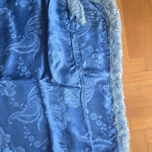 Vintage blue satin bedspread with fringes, used