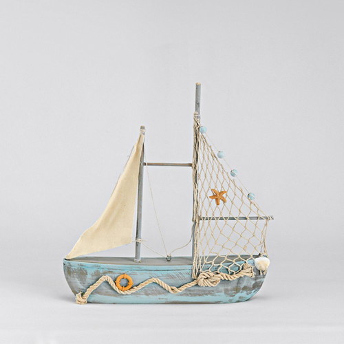 Decorative wooden boat new with net and sail 36.5x34cm