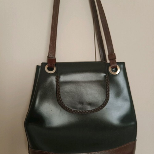 Leather shoulder bag used, black with brown details