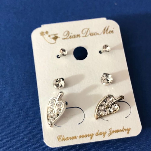 Silver Tone Rhinestone Stud and Leaf Earring Set new fashion jewelry