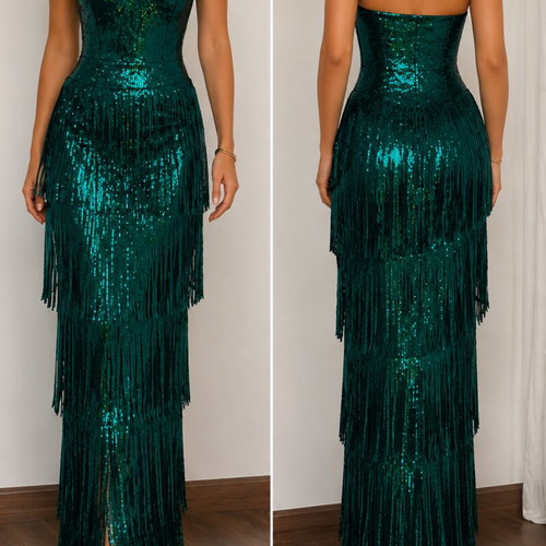 Emerald Green Sequin Fringe Evening Dress like new, UK 8