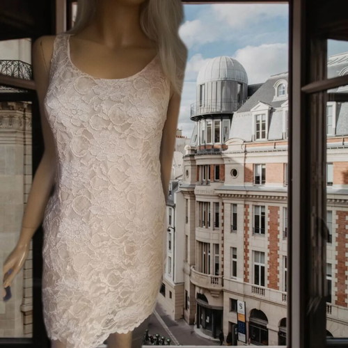 Romina mini fitted vintage lace dress, salmon pink, size 46