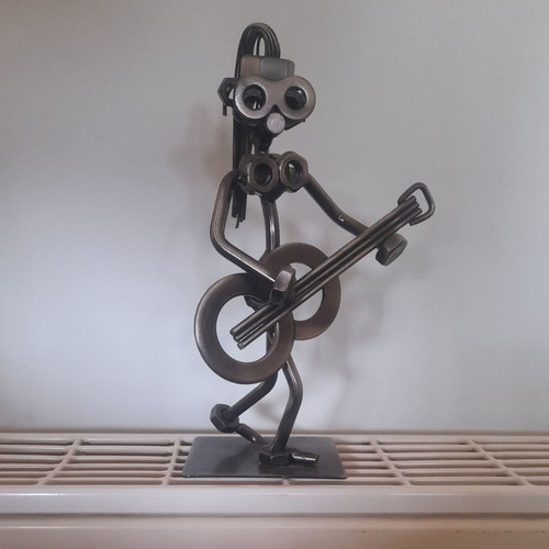 Metal decorative musician statue with guitar like new, industrial style 19cm