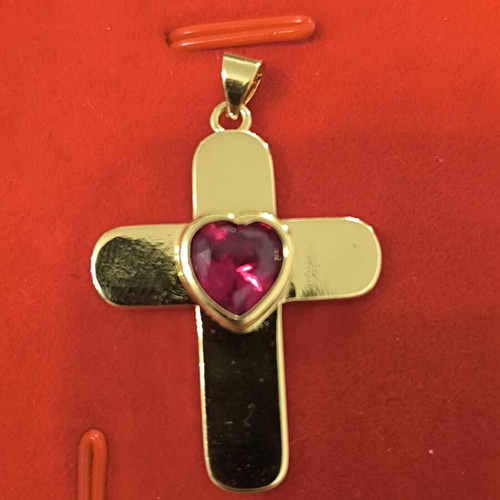 Gold-colored cross pendant with red heart stone, stainless steel, new