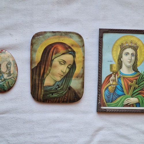 Religious icons used, set of three vintage metal framed