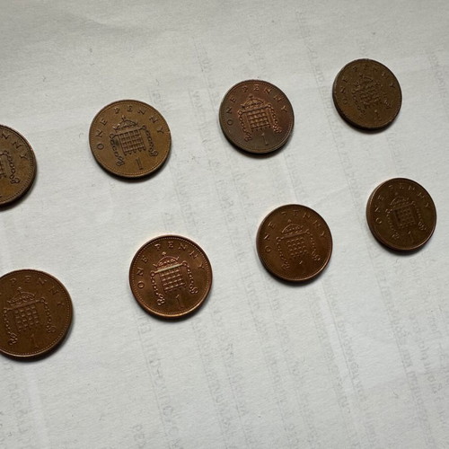 One penny coins used, pack of 8, Great Britain