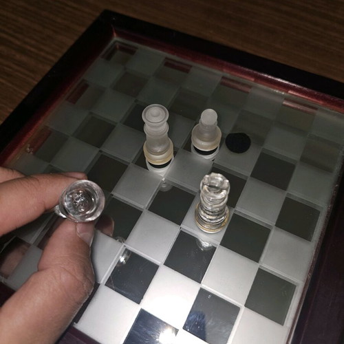 Glass vintage chess set used with mirror board and pieces