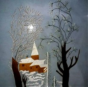 Χειροποίητο κέντημα, που απεικονίζει ένα σπίτι σε χιονισμένο τοπίο στο δάσος.