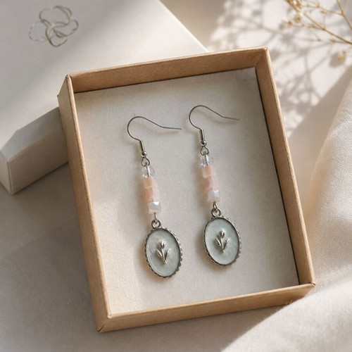 Vintage Tulip Cameo Earrings with Pink Beads handmade