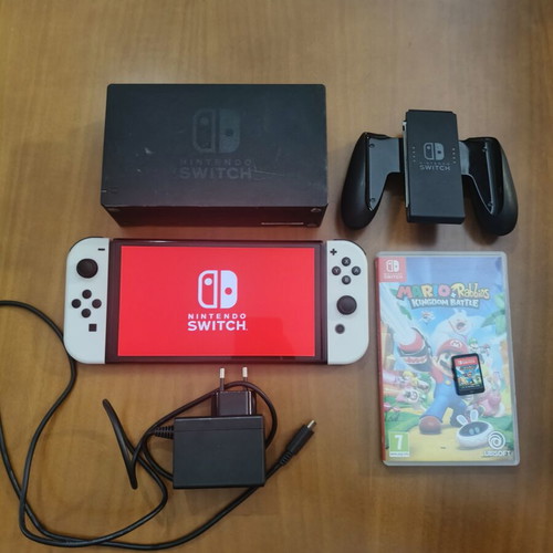 Nintendo Switch OLED white with Mario and Rabbids Kingdom Battle game