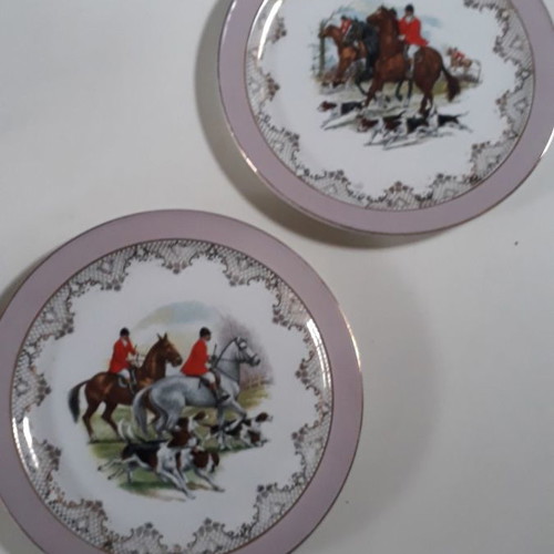 Porcelain plates used, two English with pink border