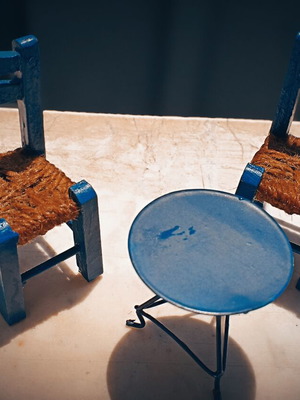 Miniature Greek Cafe with 2 Wooden Chairs and Metal Table like new