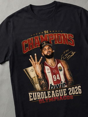 Μπλούζα Ολυμπιακός Πρωταθλητής Euroleague 2026 με Εβαν Φουρνιέ, καινούργια, μαύρη