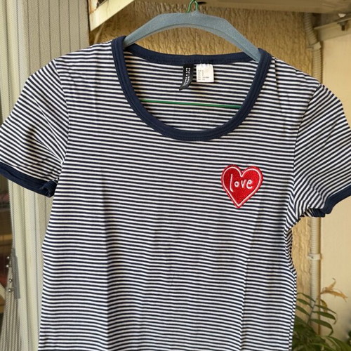 H&M Divided blue women's T-shirt with red heart logo, new, size S
