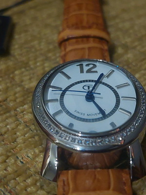 GT Swiss Movement watch new stainless steel with white sapphires and leather strap Tsangarakis