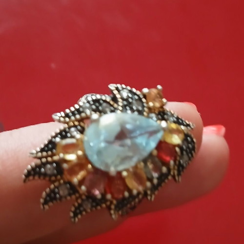 Ring with semiprecious stones, 9K gold, 925 silver and old cut diamonds, 17 mm