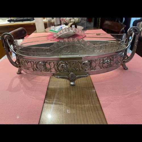 Antique silver-plated jardinière with embossed rose decoration