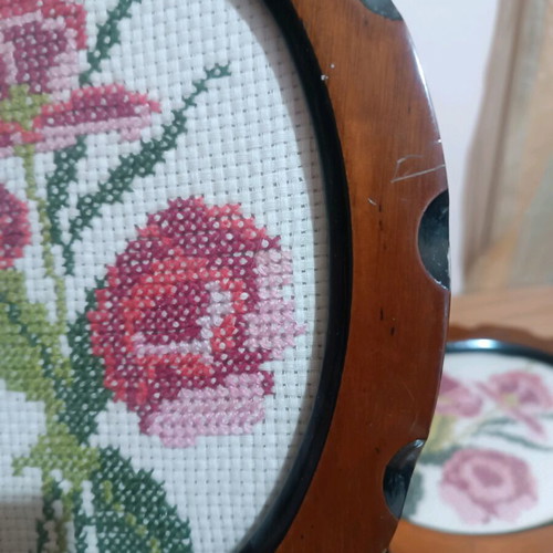 Vintage embroidered oval frames set of 2 with pink roses, used